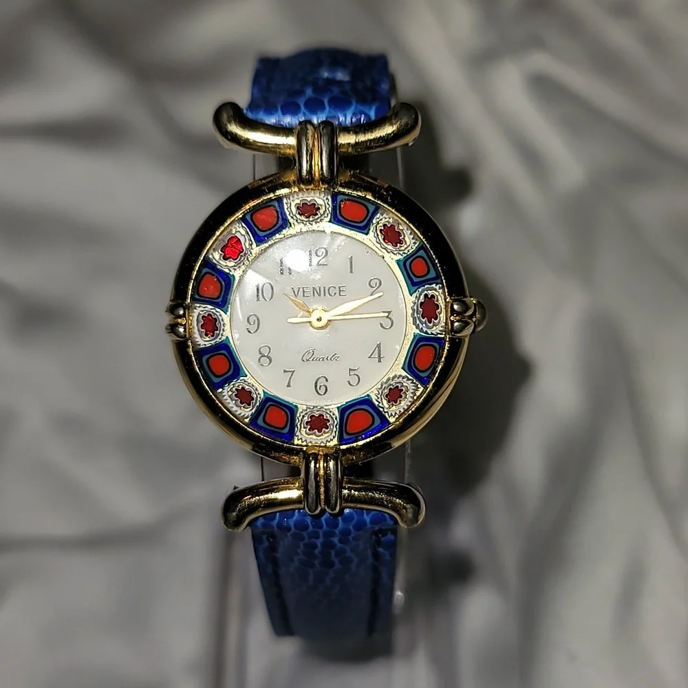 Murano Glass‎ Millefiori Luxury Goldtone Women's Watch with Blue Leather Band